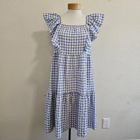 Calista Tiered Gingham Checked Midi Dress w/Pockets Blue Cottagecore Modest S - Picture 2 of 12